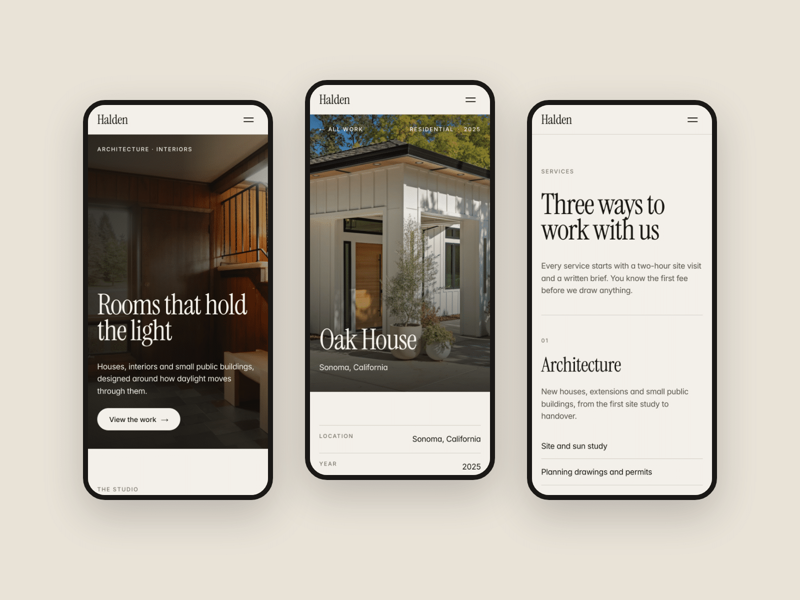 Three phone screens of the template